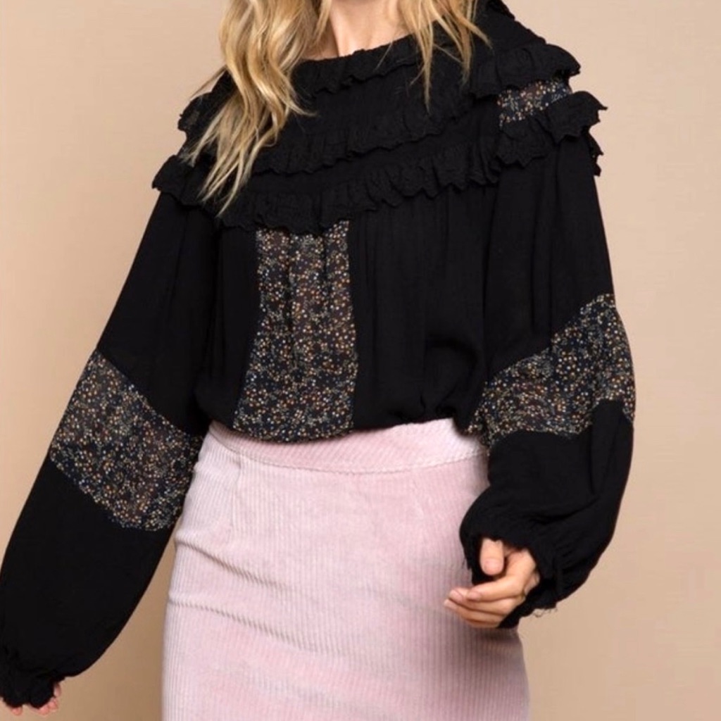 Anthropologie Pol Ruffle Collar Blouse Long Sleeve Black Oversized Size Large